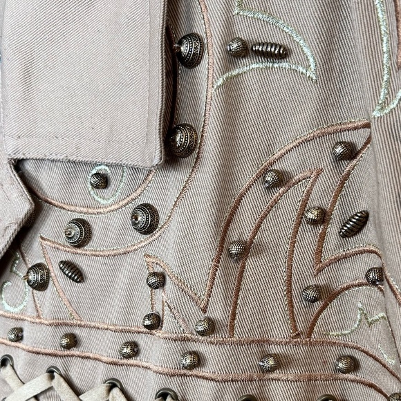Vintage khaki denim fringe western jacket, 14, studs, embroidery Cowboy Rodeo - Picture 4 of 9